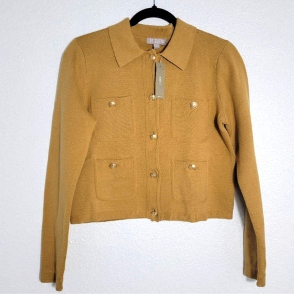 J. CREW Cropped Patch Pocket Lady Jacket Cardigan Sweater Honey Brown Large NWT - Picture 4 of 8